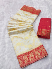 Devika – White and Red Banarasi Silk Saree