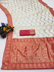 Devika – White and Red Banarasi Silk Saree