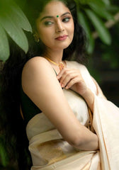 Mridula – Beige Kasavu Soft Silk Saree with Golden Elegance