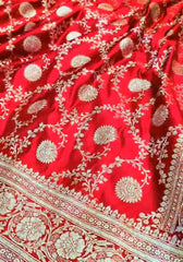 Ruhika – Scarlet Red Banarasi Satin Silk Saree with Traditional Zari Weaving