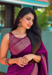 Nayira - Wine Soft Silk Saree with Silver Zari Border and Matching Blouse