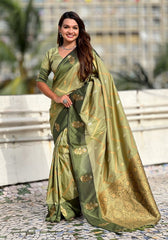 Ruvika – Banarasi Soft Silk Saree in Mehandi with Ornamental Border