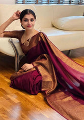 Nayira - Maroon Soft Silk Saree with Silver Zari Border and Matching Blouse