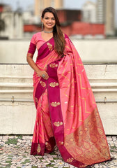 Ruvika –Banarasi Soft Silk Saree in Rani with Ornamental Border