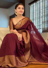 Nayira - Maroon Soft Silk Saree with Silver Zari Border and Matching Blouse