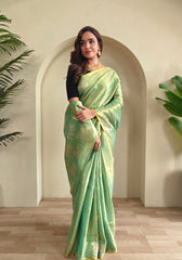 Varnika – Pista Banarasi Soft Tissue Silk Saree of Subtle Charm
