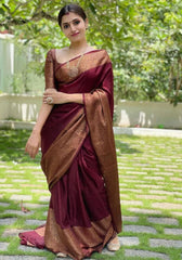 Nayira - Maroon Soft Silk Saree with Silver Zari Border and Matching Blouse