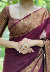 Nayira - Maroon Soft Silk Saree with Silver Zari Border and Matching Blouse