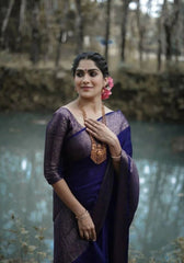 Nayira - Navy Blue Soft Silk Saree with Silver Zari Border and Matching Blouse