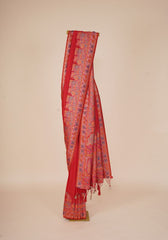 Glamorous Red Pashmina Saree With Artistic Minakari Work