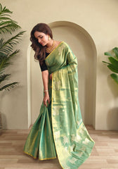 Varnika – Pista Banarasi Soft Tissue Silk Saree of Subtle Charm