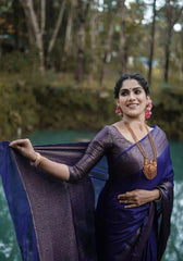 Nayira - Navy Blue Soft Silk Saree with Silver Zari Border and Matching Blouse