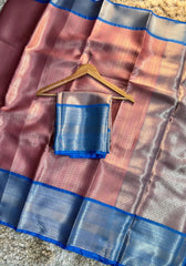 Amira - Pink & Silver Kanjivaram Silk Saree with Royal Blue Border