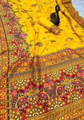 Appealing Yellow Pashmina Saree With Gossamer Blouse Piece