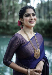 Nayira - Navy Blue Soft Silk Saree with Silver Zari Border and Matching Blouse