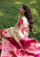 Apsara White Pink Silk Saree