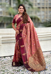 Ruvika – Banarasi Soft Silk Saree in Gajari with Ornamental Border