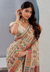 Tanirika – Beige Naylon Sillk Saree with Vibrant Minakari Detailing