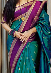 Symmetrical Rama Soft Banarasi Silk Saree With Captivating Blouse Piece