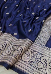 Aastha – Navy Blue Banarasi Satin Silk Saree with Antique Paisley Zari Work