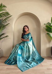 Amara – Rama Banarasi Soft Silk Saree with Floral Weave