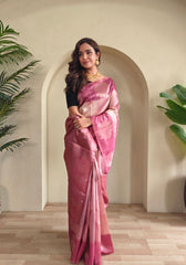 Amara – Pink Banarasi Soft Silk Saree with Floral Weave