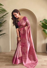 Amara – Pink Banarasi Soft Silk Saree with Floral Weave