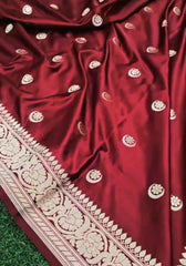 Kritika – Maroon Banarasi Satin Silk Saree With Golden Zari Work