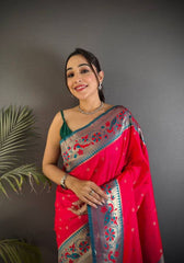 Pleasant Dark Pink Paithani Silk Saree With Enthralling Blouse Piece
