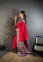 Pleasant Dark Pink Paithani Silk Saree With Enthralling Blouse Piece