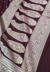 Tavisha – Deep Maroon Banarasi Satin Silk Saree with Intricate Paisley Zari Weaving