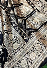 Maithili – Black Banarasi Satin Silk Saree with Golden Zari Work