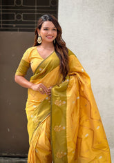 Ruvika –Banarasi Soft Silk Saree in Gold with Ornamental Border