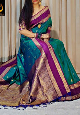 Symmetrical Rama Soft Banarasi Silk Saree With Captivating Blouse Piece