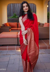 Nayira - Red Soft Silk Saree with Silver Zari Border and Matching Blouse