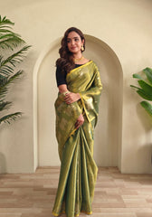 Varnika – Green Banarasi Soft Tissue Silk Saree of Subtle Charm