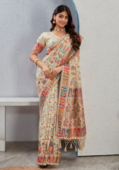Tanirika – Beige Naylon Sillk Saree with Vibrant Minakari Detailing