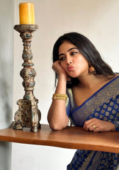 Admyrin Blue Soft Silk Designer Party Wear Banarasi Saree with Blouse Piece