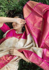 Apsara White Pink Silk Saree