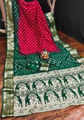 Ziyana Dark Green Red Bandhej Silk Saree