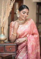 Anarkali Peach Banarasi silk saree