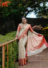 Beige Soft Silk Saree With Snappy Blouse Piece