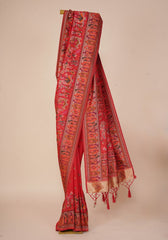 Rajlakshmi- Red Pashmina Saree With Innovative Blouse Piece