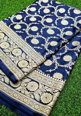 Kiyara – Royal Blue Banarasi Satin Silk Saree with Opulent Zari Jaal