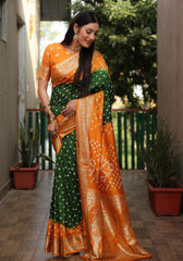 Ziyana Orange Green Bandhej Silk Saree