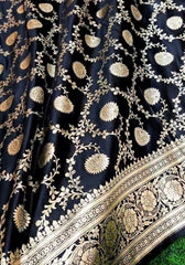 Maithili – Black Banarasi Satin Silk Saree with Golden Zari Work