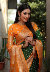 Ziyana Orange Green Bandhej Silk Saree