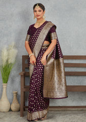 Charmi Wine Banarasi Soft Silk Saree