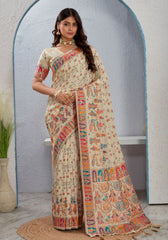Tanirika – Beige Naylon Sillk Saree with Vibrant Minakari Detailing
