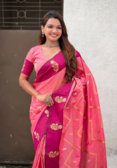 Ruvika –Banarasi Soft Silk Saree in Rani with Ornamental Border